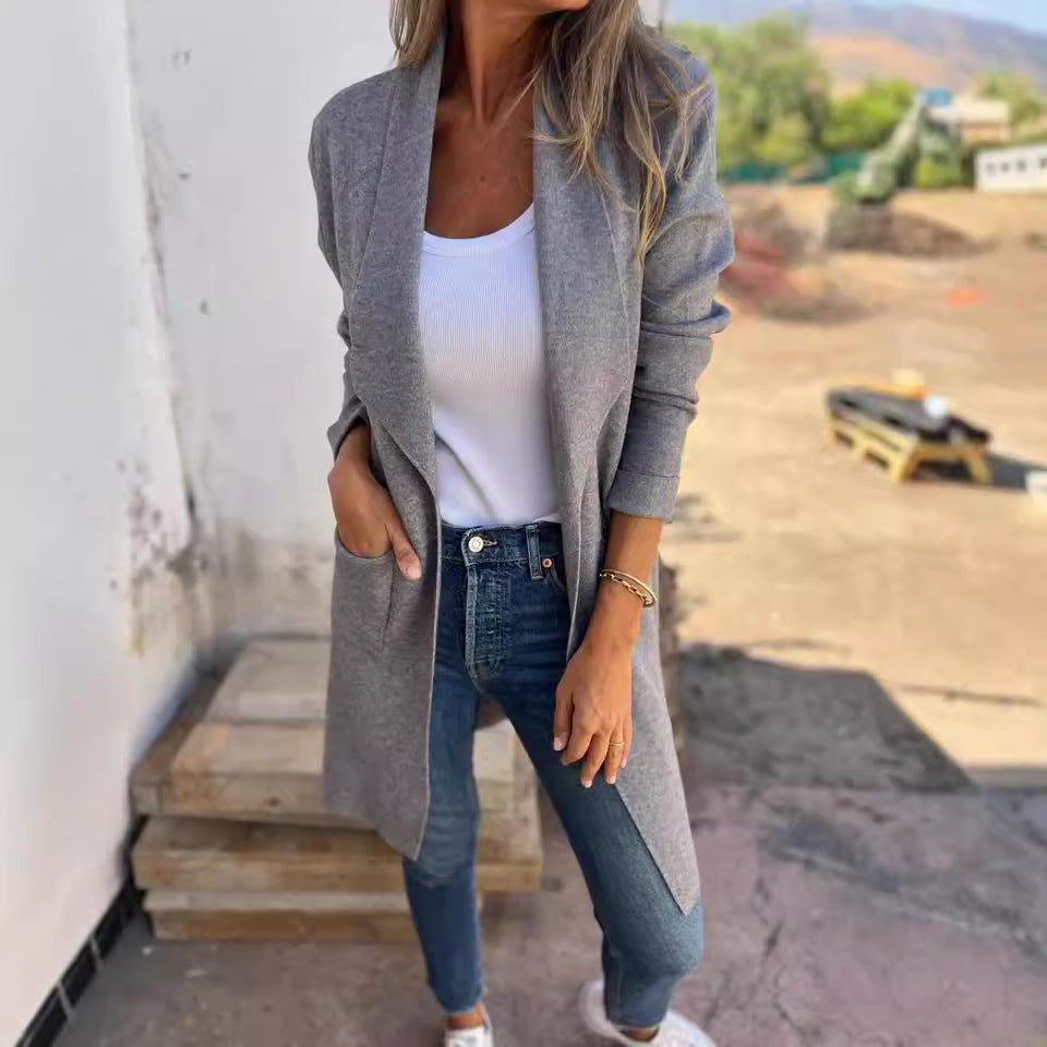 Damen Langer Strickcardigan mit offenen Kanten und Taschen WW