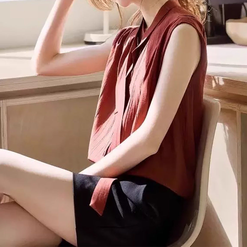 Damen ärmellose Schleifen-Hals-Bluse WW