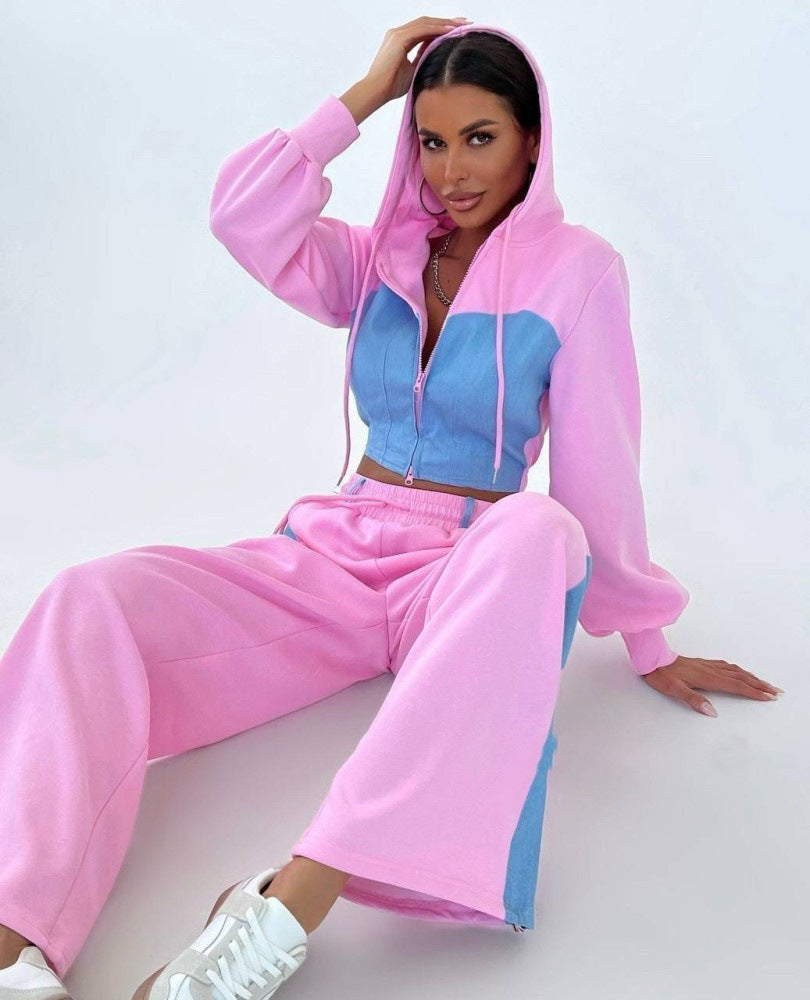 Damen sportliches Set mit cropped Kapuzenjacke und weitem Hosen WW