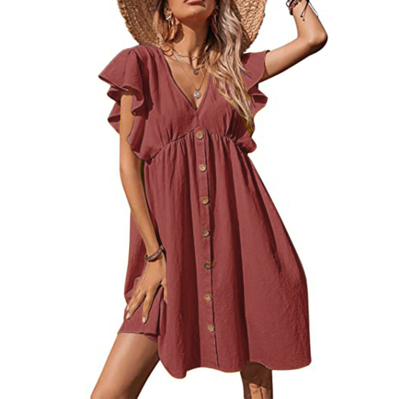 Damen lässiges Sommerkleid mit Volantärmeln und Knopfleiste WW