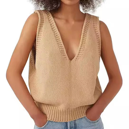 Damen Stricktop mit tiefem V-Ausschnitt und strukturiertem Abschluss WW