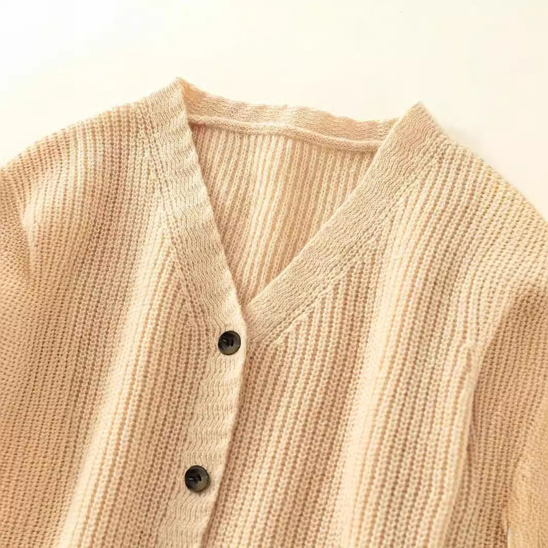 Damen modischer Grobstrick-Pullover mit Knopfleiste und tiefem V-Ausschnitt WW