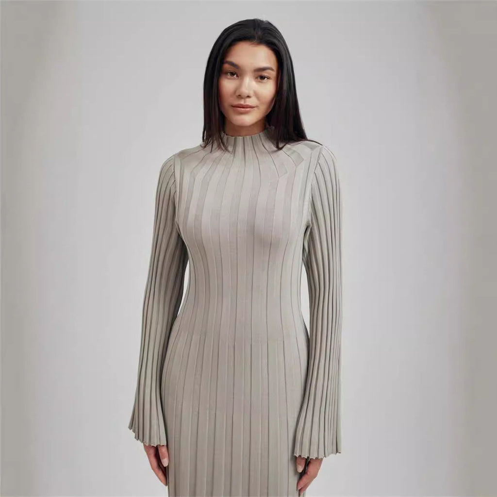 Damen Maxikleid mit elegantem Rippdesign und hochgeschlossenem Kragen WW