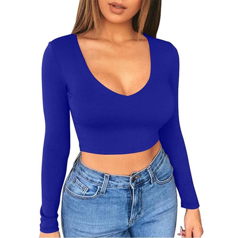 Damen modisches Crop-Top mit tiefem V-Ausschnitt und langen Ärmeln WW