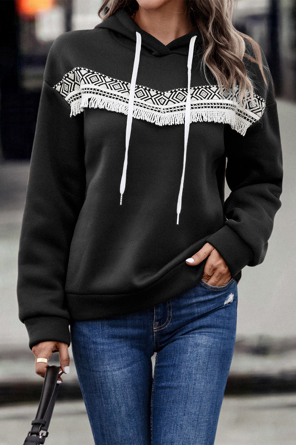 Damen Kapuzenpullover mit eleganter Fransenverzierung WW