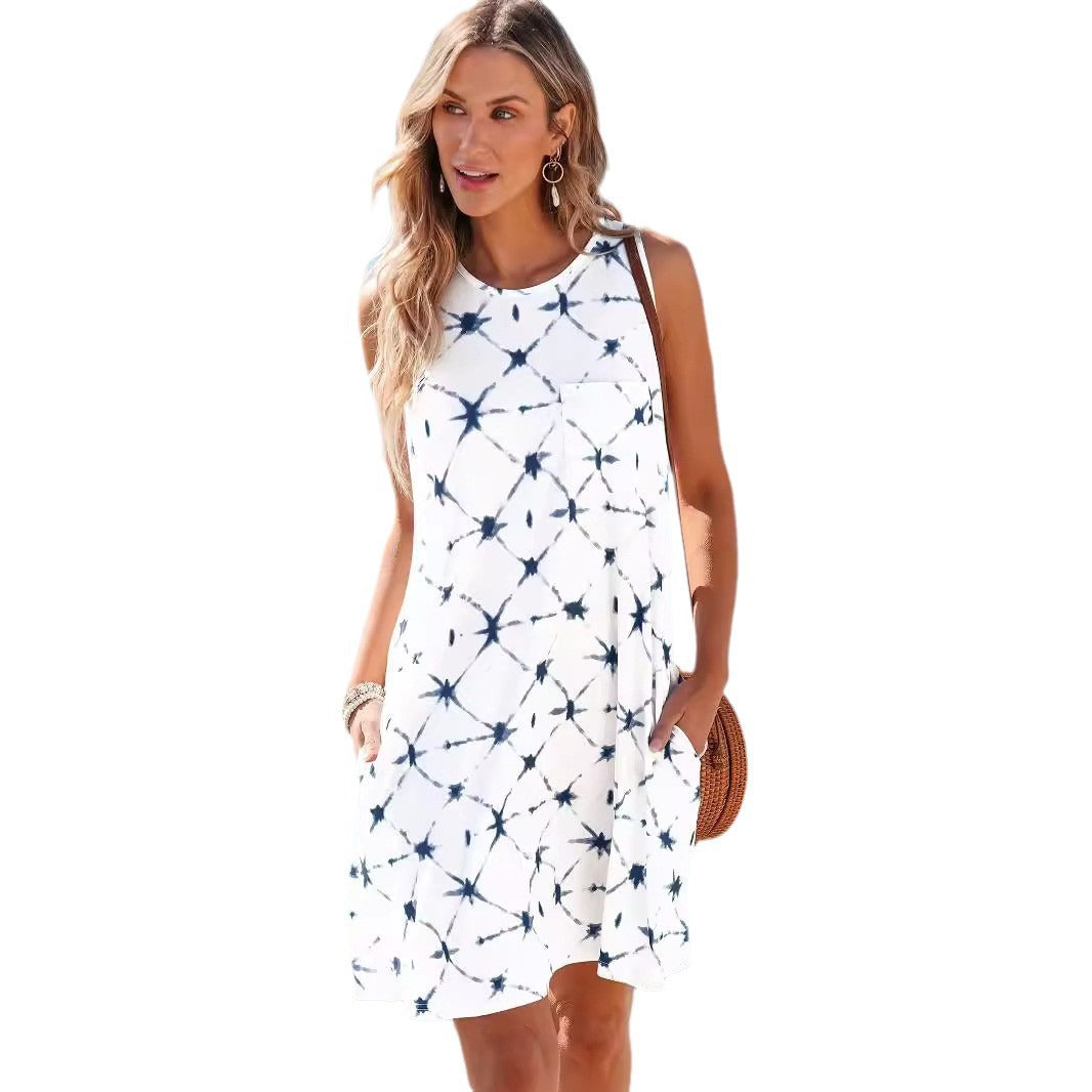 Damen lässiges A-Linien-Kleid mit Taschen und elegantem Batikmuster WW