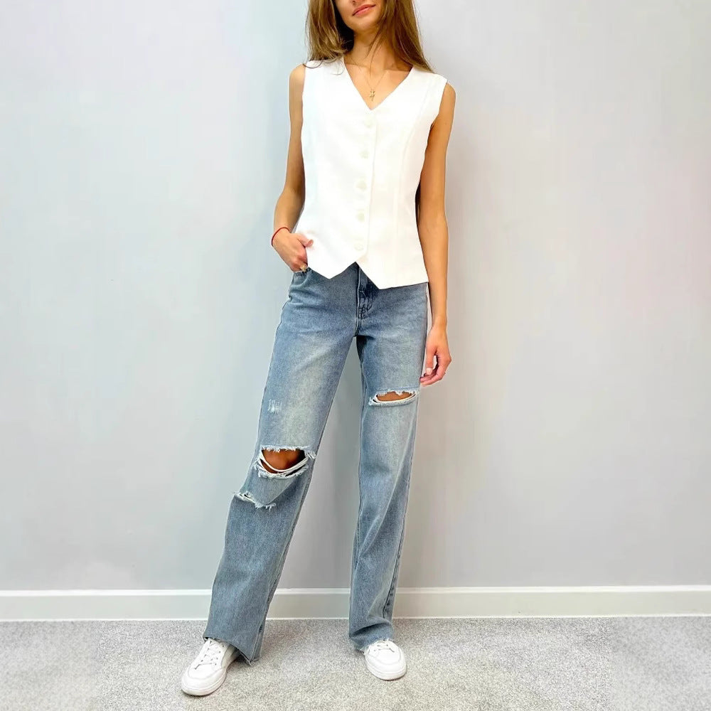 Damen ärmellose Bluse mit Knopfleiste WW