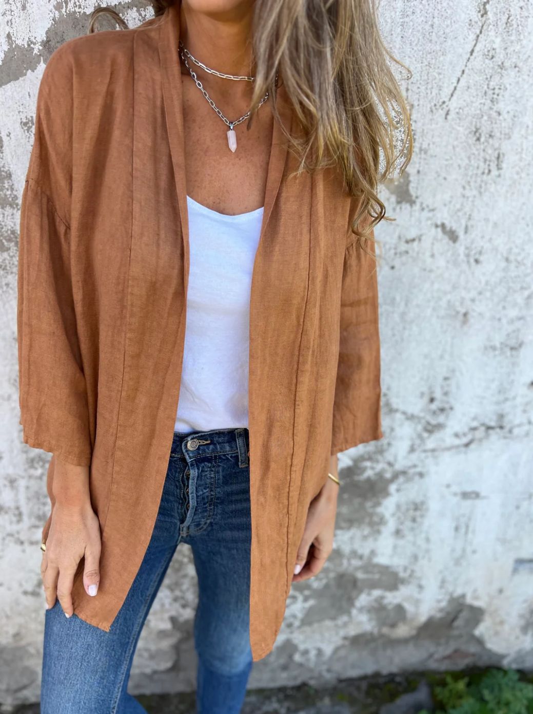 Damen luftige Leinenjacke mit offenem Schnitt und langen Ärmeln WW