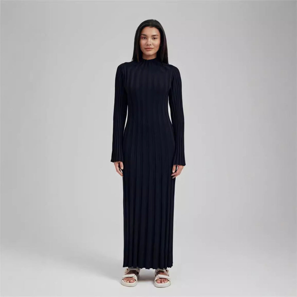 Damen Maxikleid mit elegantem Rippdesign und hochgeschlossenem Kragen WW