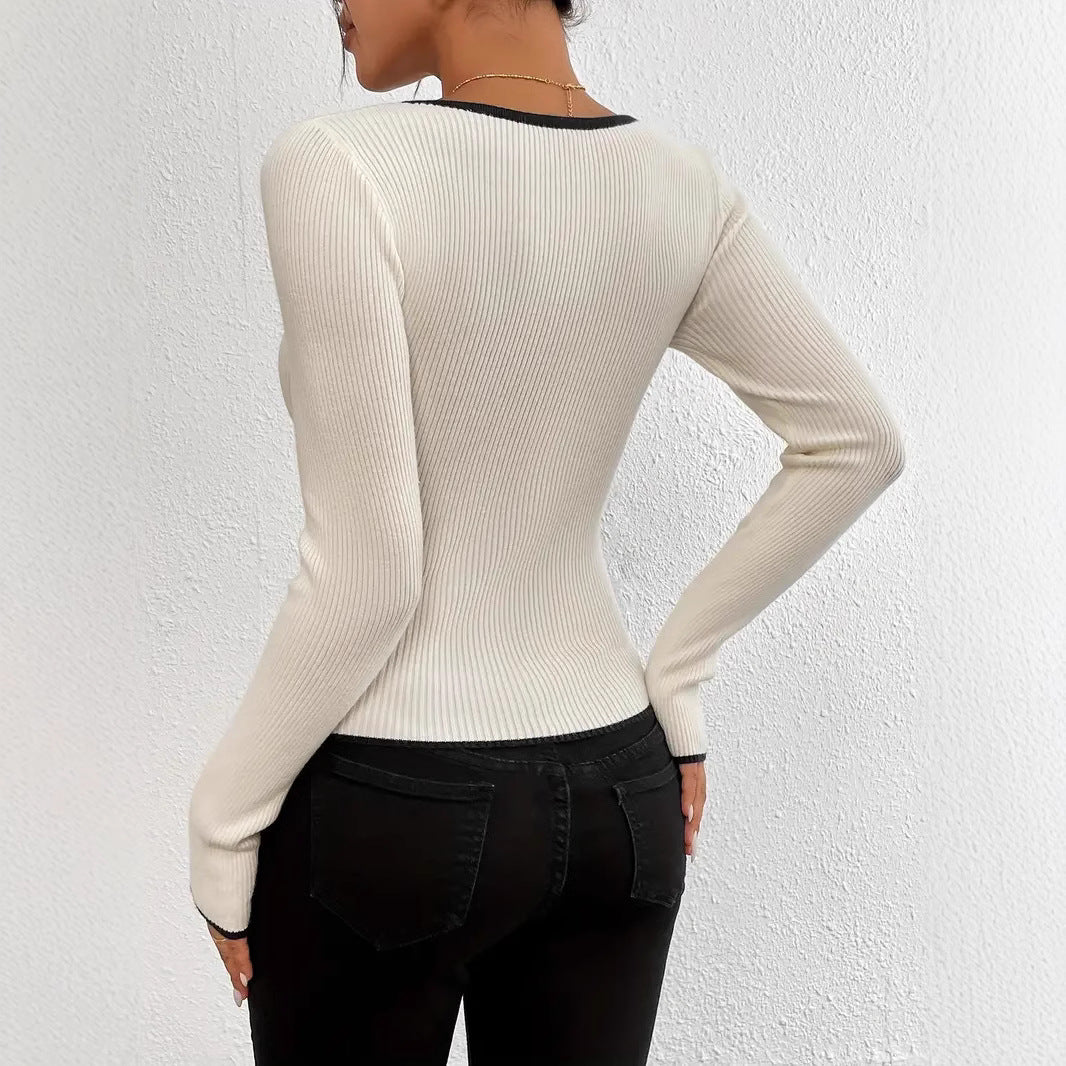Damen Langarm Body mit V-Ausschnitt und feinen Rippdetails WW