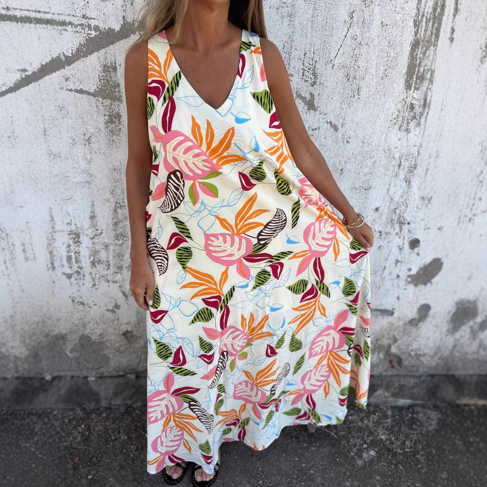 Damen Maxikleid mit fröhlichem Blattdruck und praktischen Taschen WW