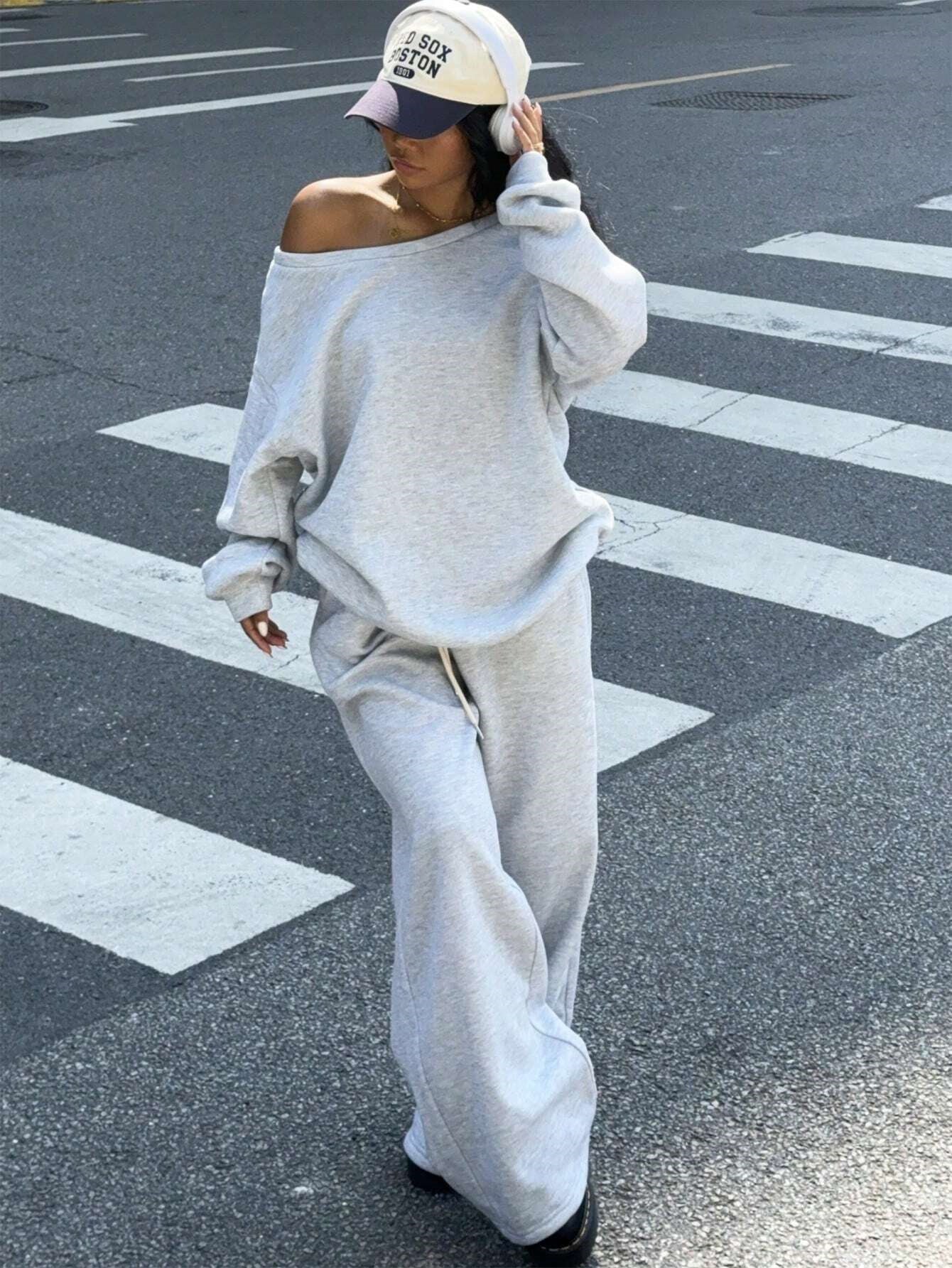 Damen lässiges Oversized Sweat- und Jogginganzug-Set mit seitlichen Taschen WW