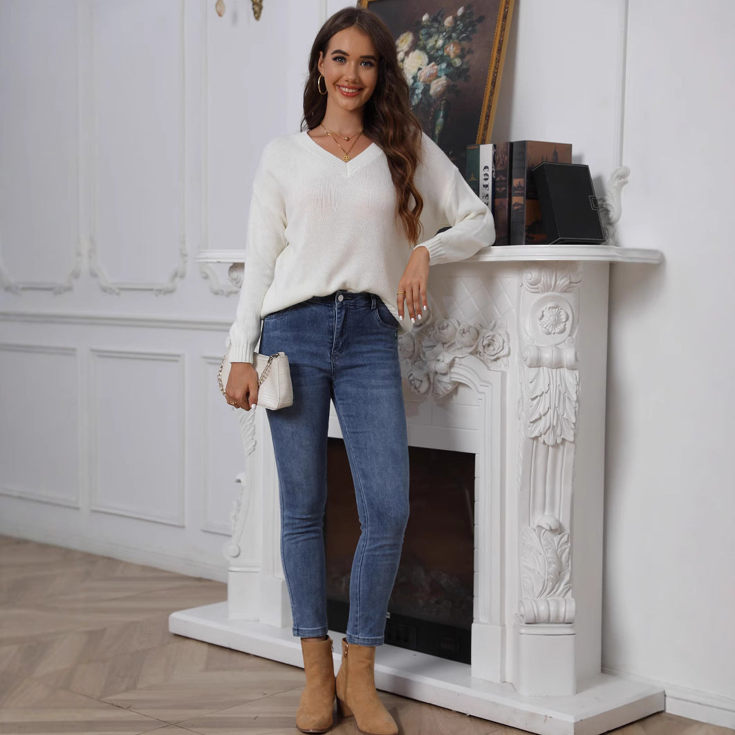 Damen Viskose Strickpullover mit modischem V-Ausschnitt und weitem Schnitt WW