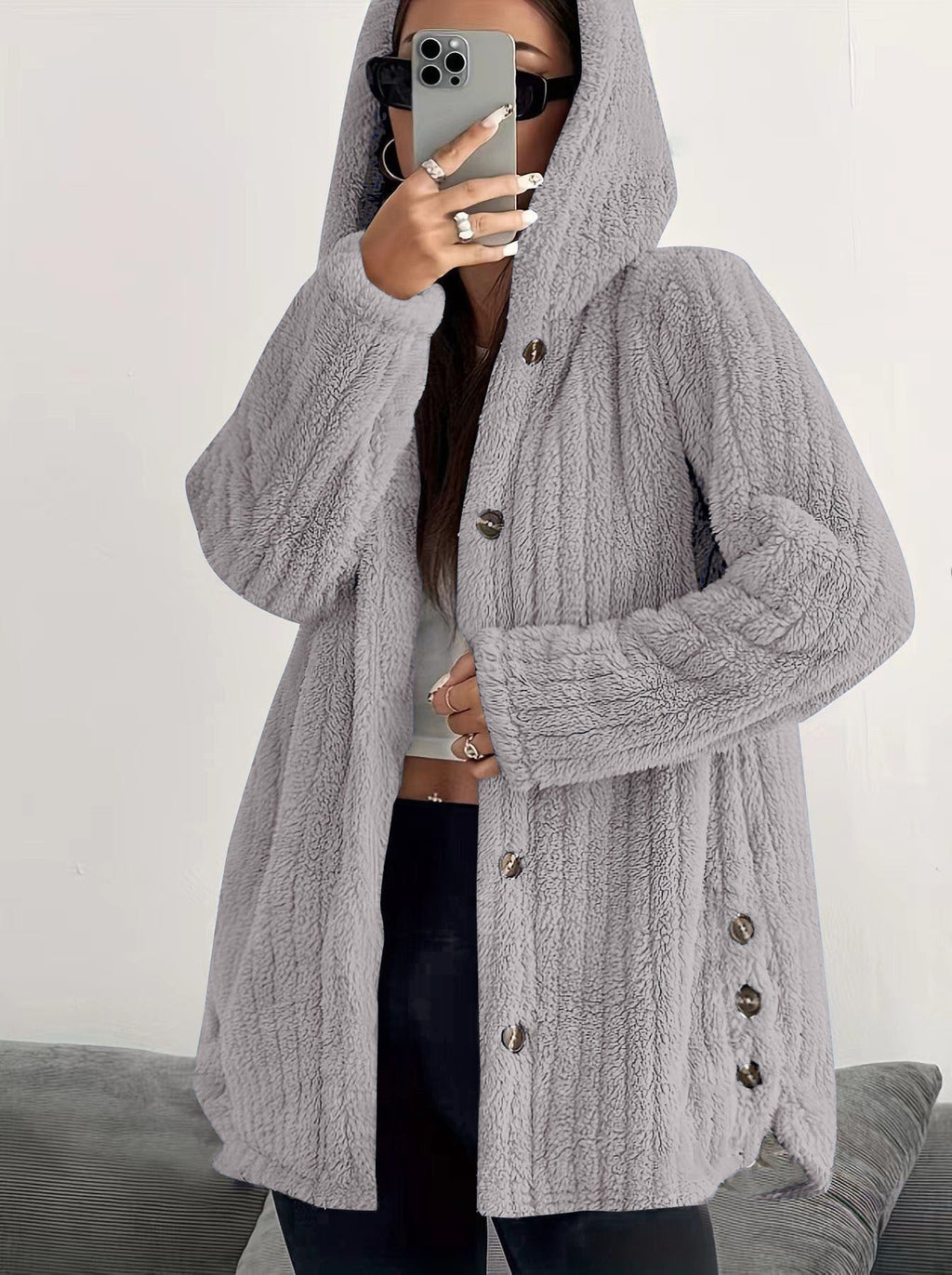 Damen kuschelige Fleecejacke mit Kapuze und Knopfverschluss WW