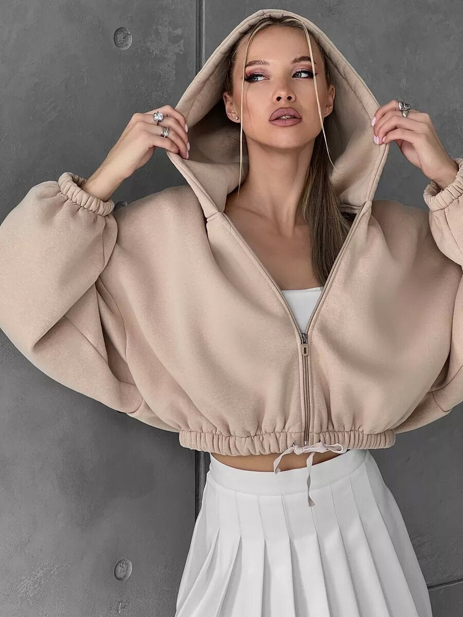 Damen Sportlicher Cropped Hoodie mit Reißverschluss und Kordelzug WW