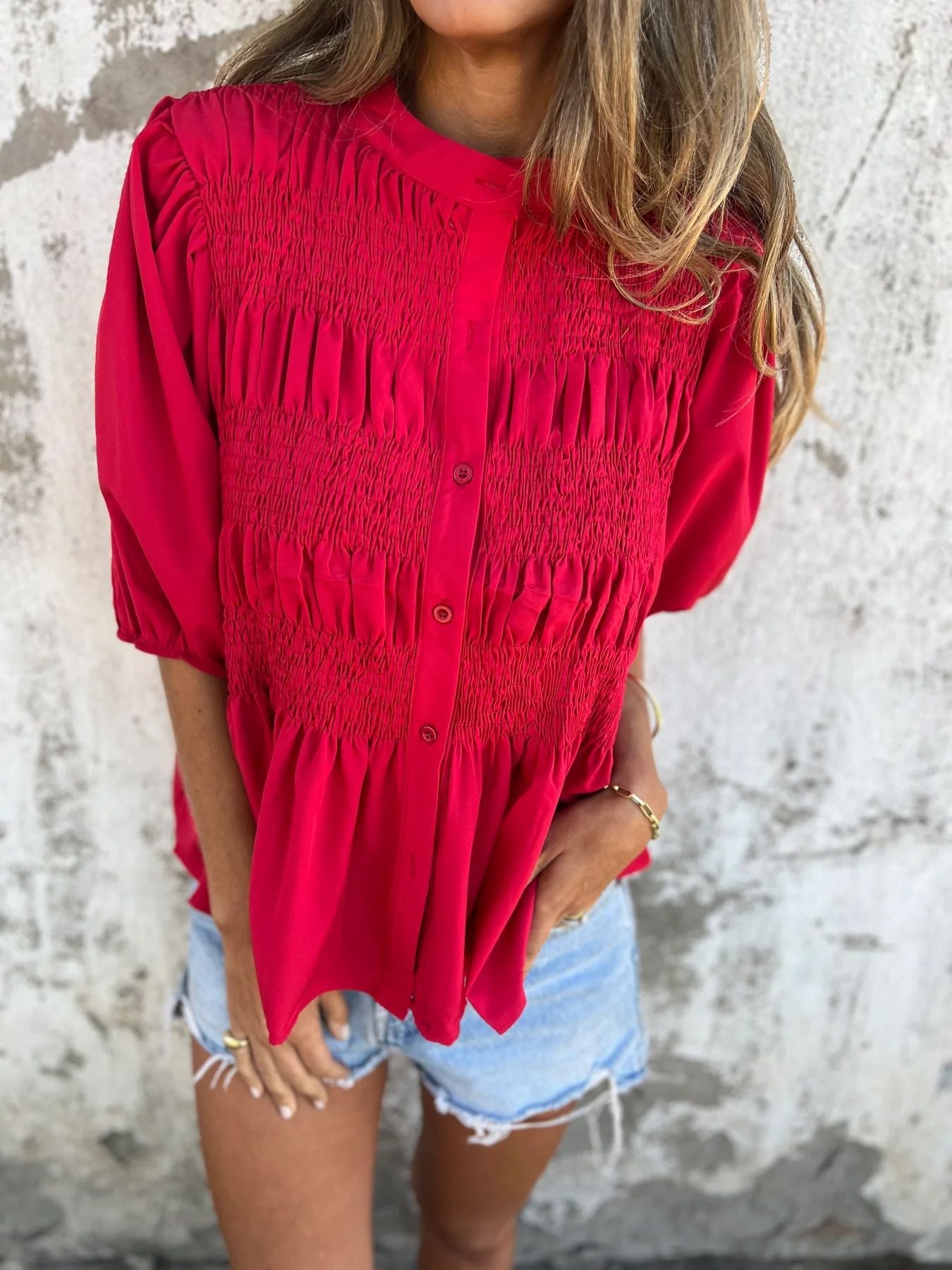 Damen elegante Bluse mit Raffung und durchgehender Knopfleiste WW