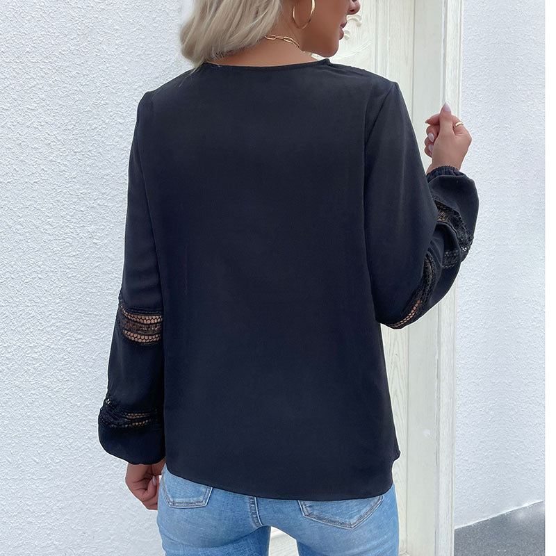 Damen Hemdbluse mit Spitzenakzenten und modernem V-Ausschnitt WW