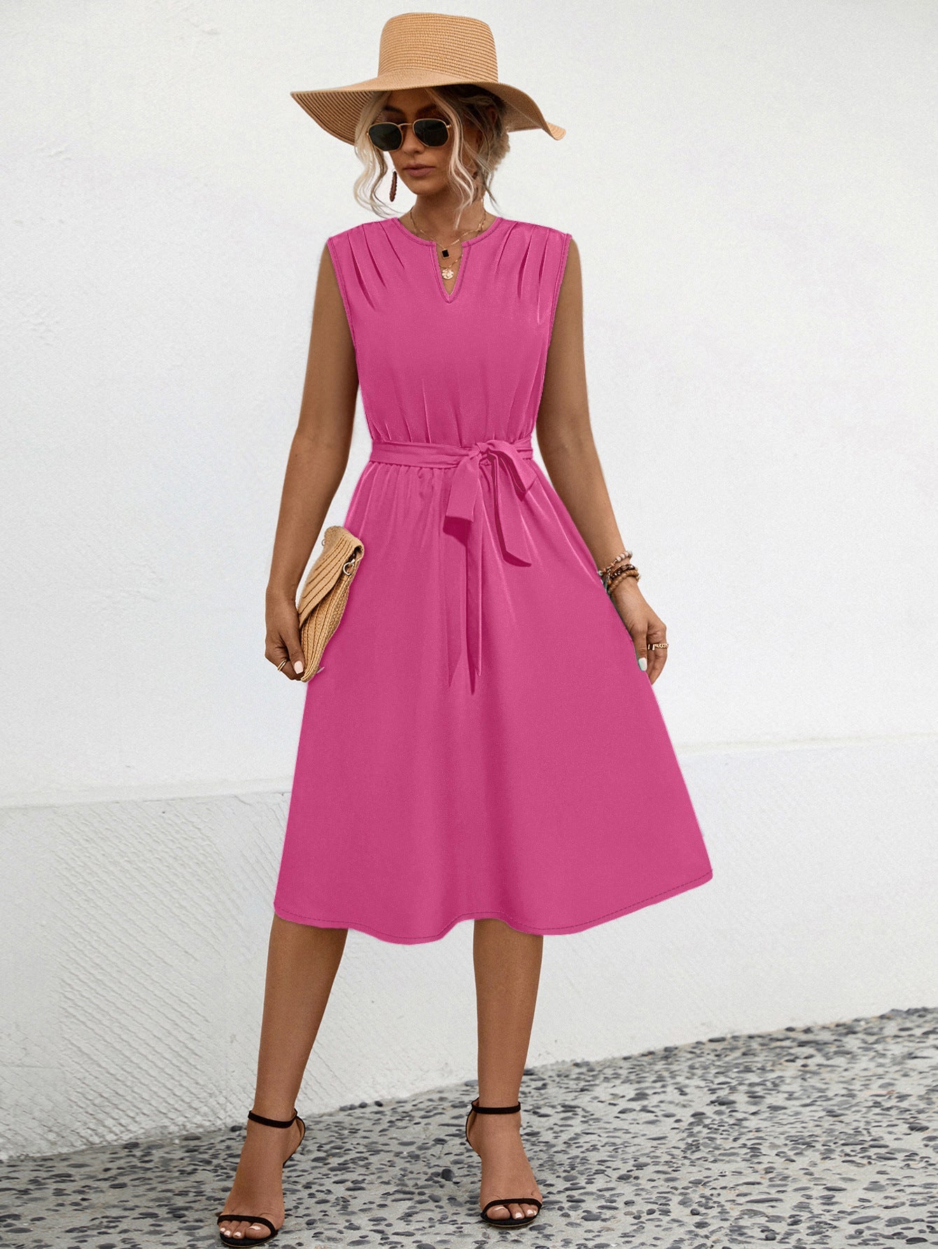 Damen Midi-Kleid mit schicker Raffung und taillierbarem Gürtel WW