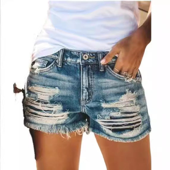 Damen distressed Denim-Shorts mit Fransenabschluss WW
