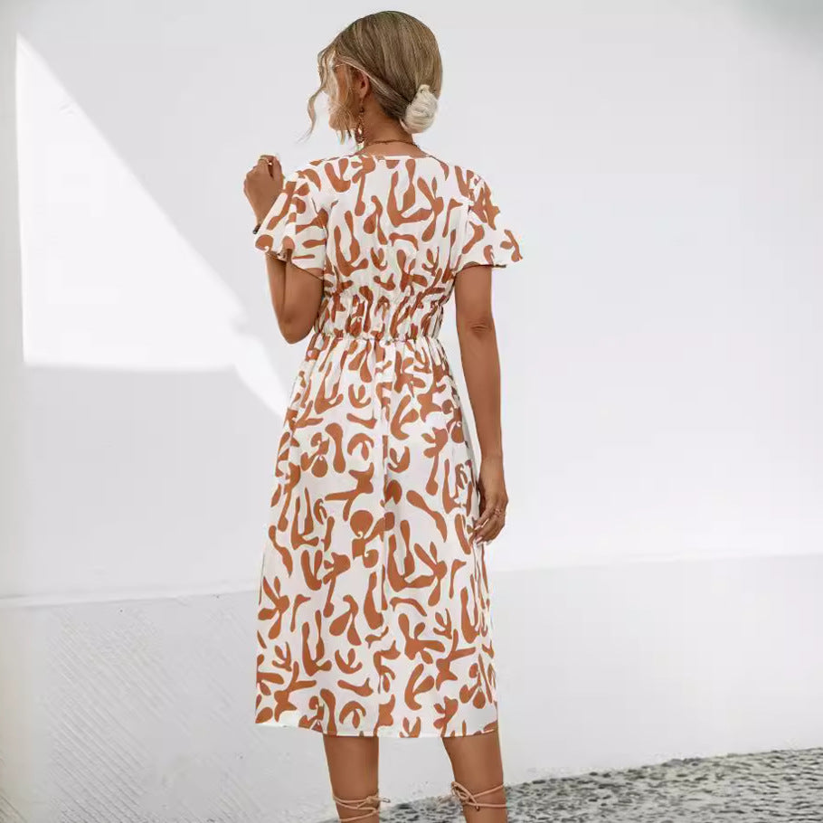 Damen Midi-Kleid mit V-Ausschnitt und fließenden Rüschendetails WW