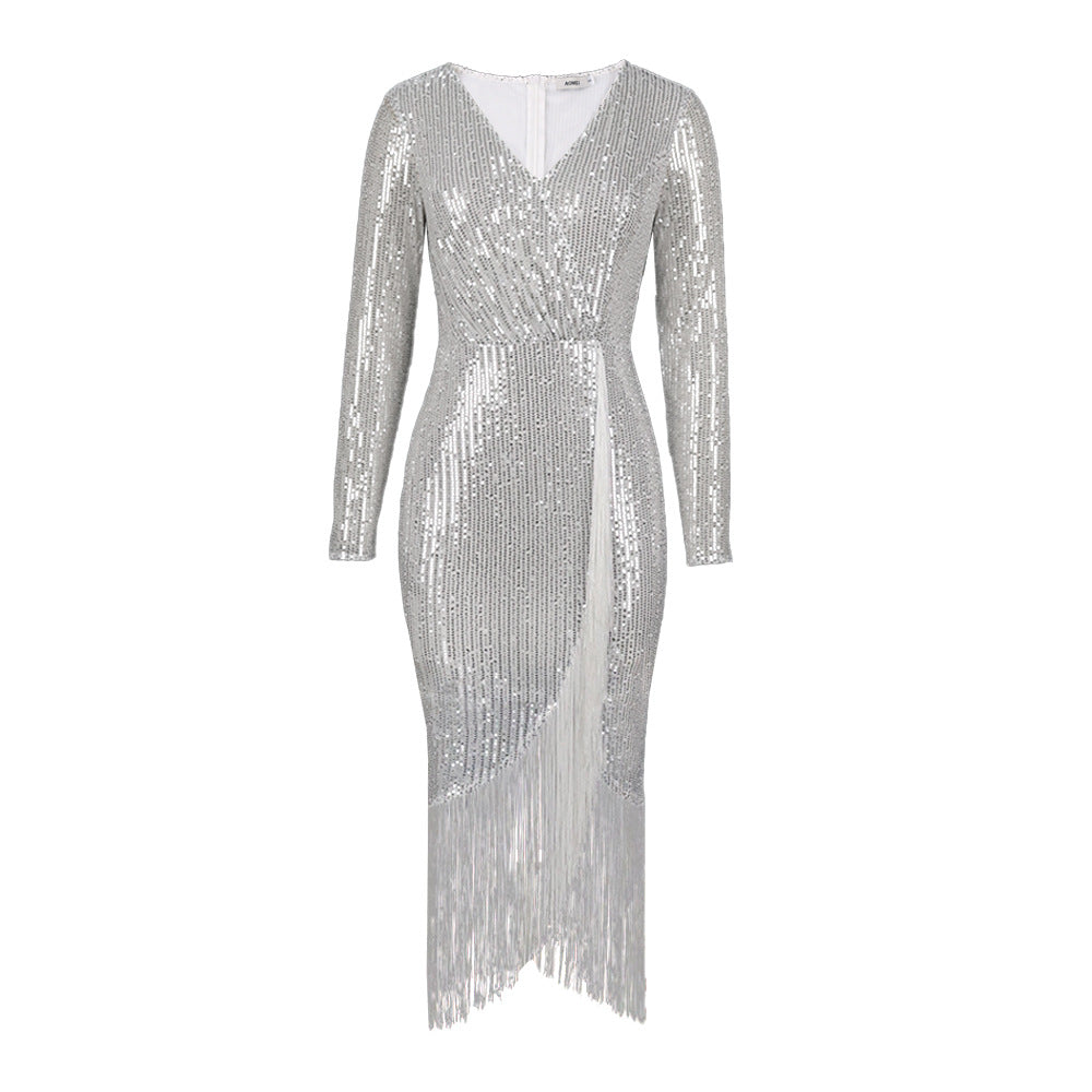 Damen Abendkleid mit glitzerndem Paillettenbesatz und fransierenden Akzenten WW