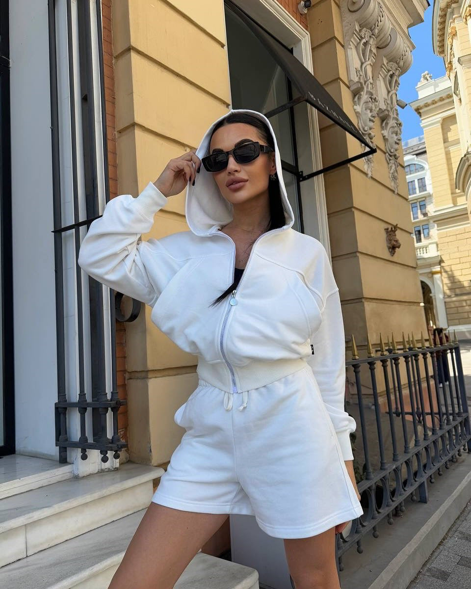 Damen lässiges Cropped Hoodie- und Shorts-Set mit praktischen Kordelzügen WW