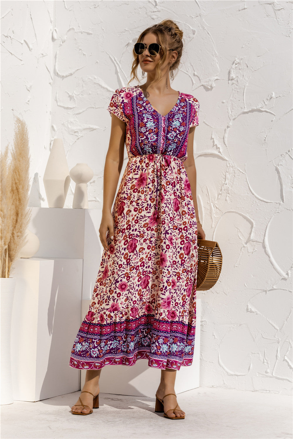 Damen Maxikleid mit romantischem Blumenmuster und Einsatzdetails WW