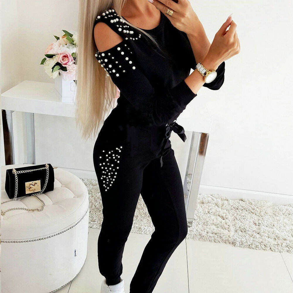 Damen eleganter Freizeitanzug mit schicken Cut-Outs und perlverzierten Ärmeln WW