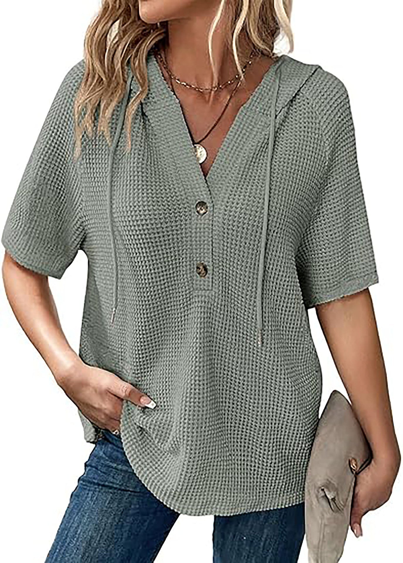 Frauen Freizeit Waffelstrick Pullover Top WW