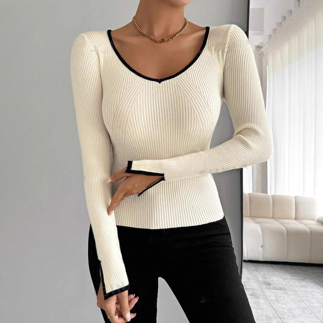 Damen modisches Strickoberteil mit tiefem V-Ausschnitt und eleganter Rippstruktur WW