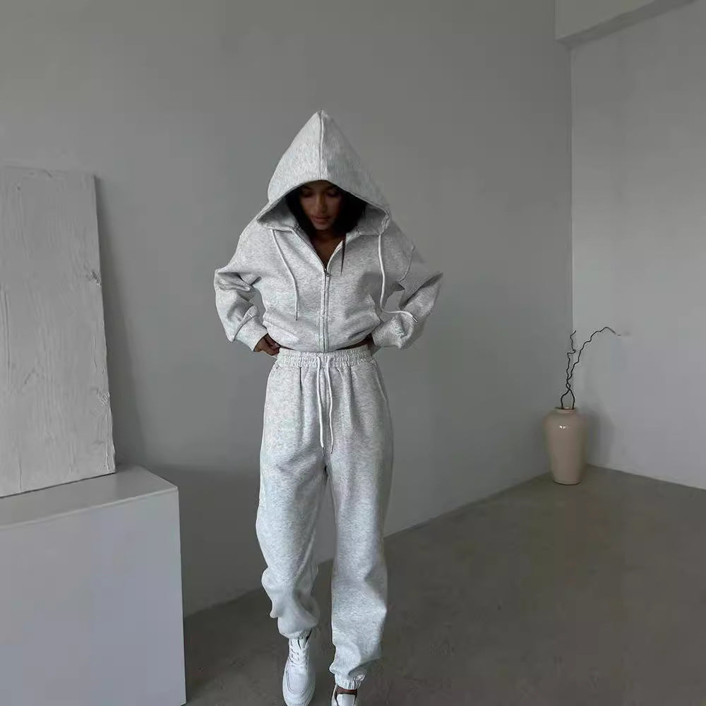 Damen sportliches Fleece-Jogginganzug mit praktischer Kapuze und elastischem Bund WW