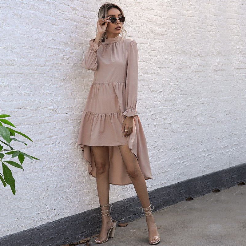 Damen elegantes, schwingendes Midi-Kleid mit Rüschen und langen Ärmeln WW