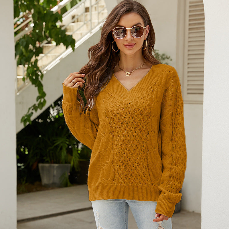 Damen Großer Strickpullover mit V-Ausschnitt und ausgefallenem Zopfmuster WW