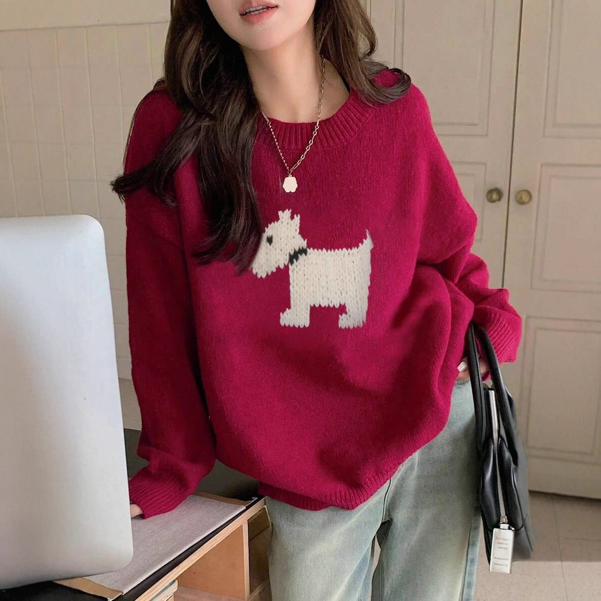 Damen Strickpullover mit süßem Dog-Motiv und bequemer Passform WW