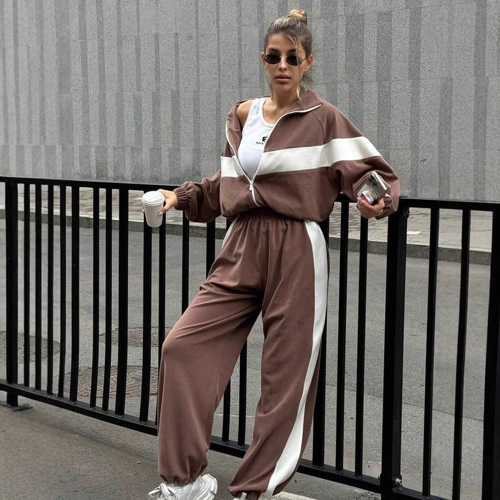 Damen sportliches Fleece-Set mit Reißverschluss und kontrastierenden Seiteneinsätzen WW