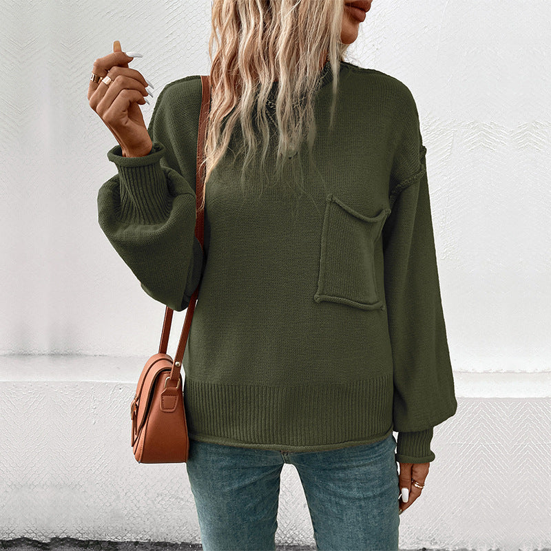 Damen lässiger Pullover mit voluminösen Ärmeln und praktischer Taschendetail WW