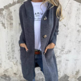 Damen Strickmantel mit Kapuze und Knöpfen WW