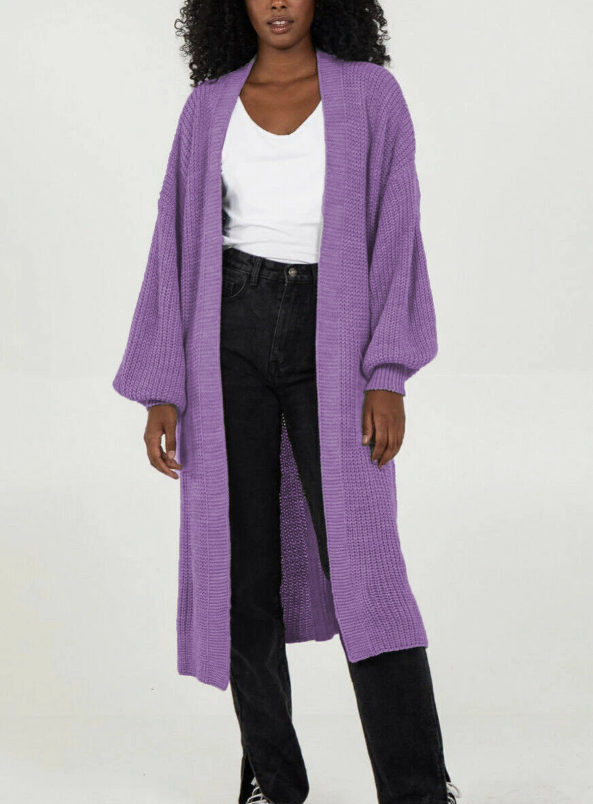 Damen Langer Strickcardigan mit voluminösen Ärmeln und offenem Schnitt WW
