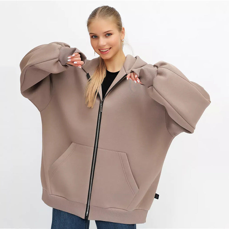 Damen lässiger Oversized Zip-Hoodie mit tiefen Taschen WW