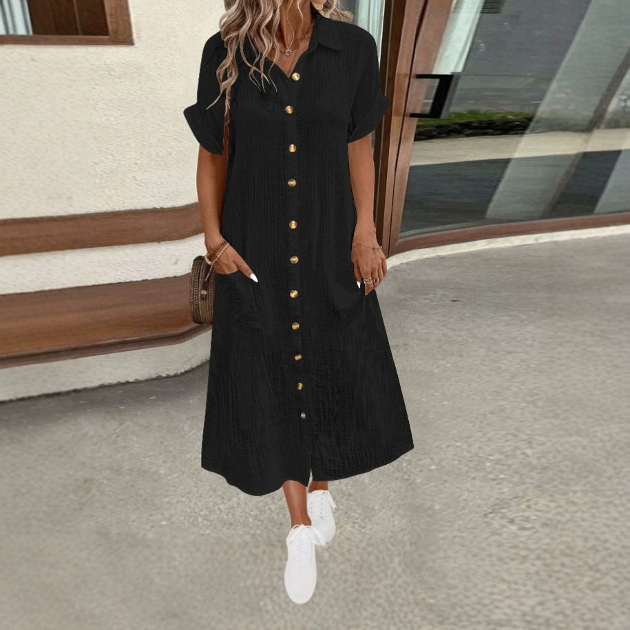 Damen lässiges Kurzarm-Hemdblusenkleid mit Knopfdetail und praktischen Taschen WW