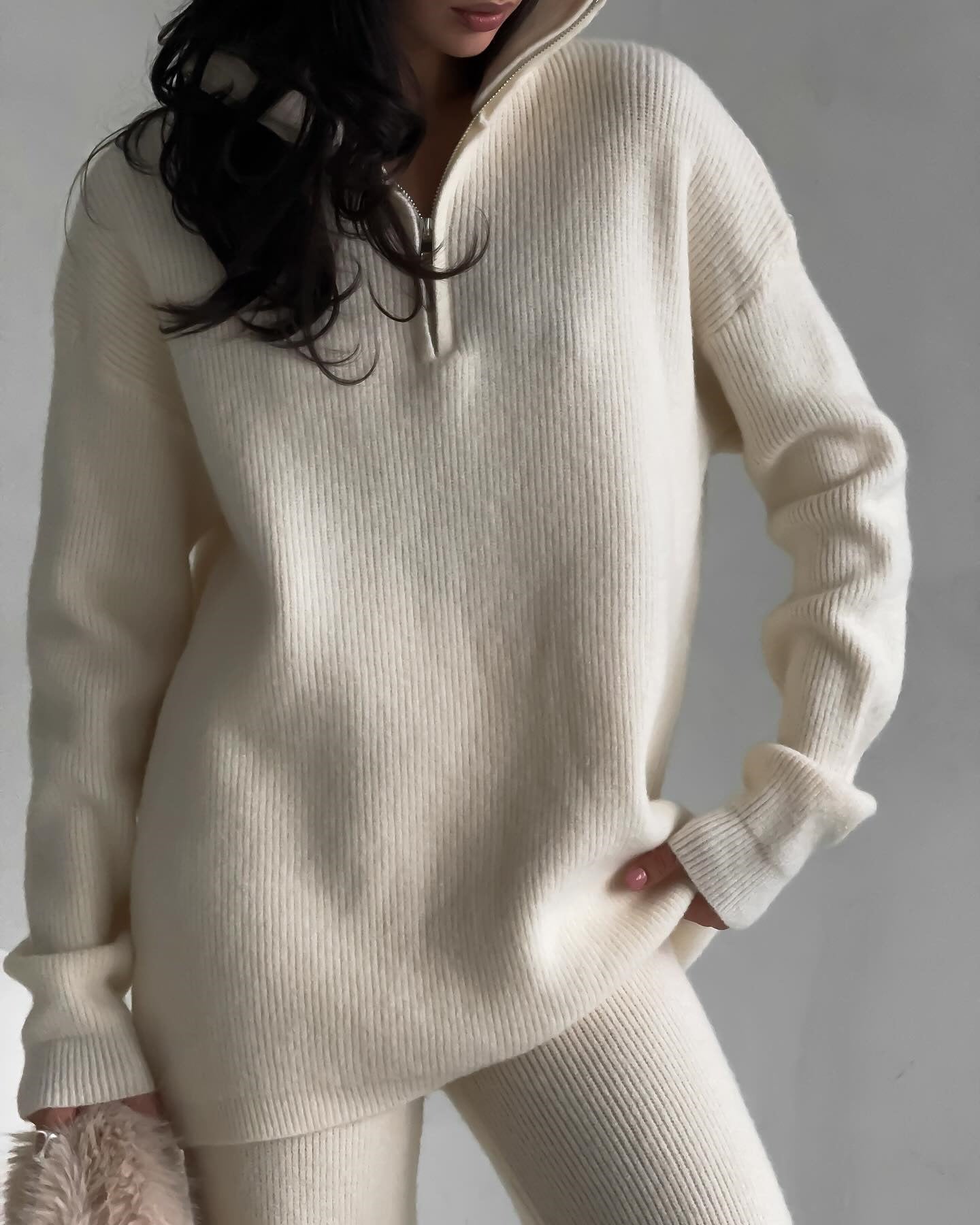 Damen trendiger Oversized Strickpullover mit Zipper und langen Ärmeln WW
