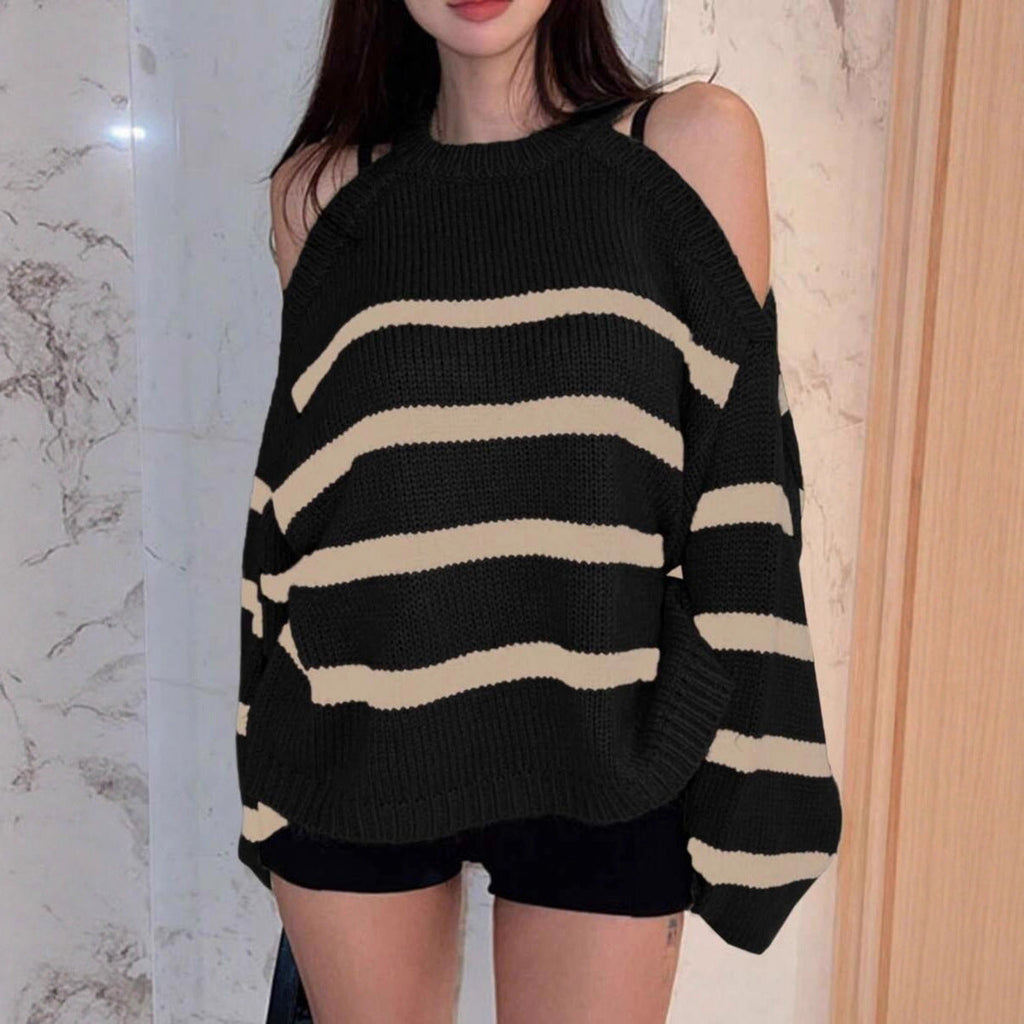 Damen Off-Shoulder Strickpullover mit breiten Streifen WW
