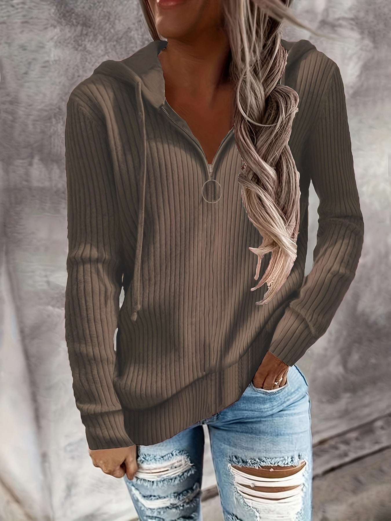 Damen Strickpullover mit hohem Kragen und Reißverschluss WW