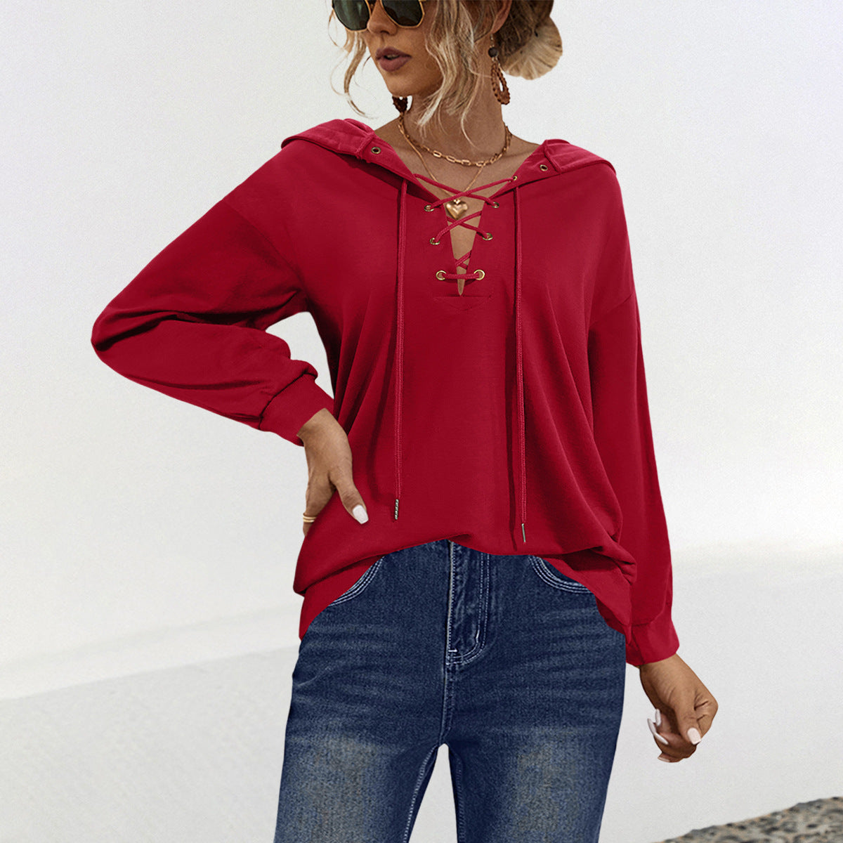 Damen Hoodie mit Lace-Up-Detail und Kapuze WW