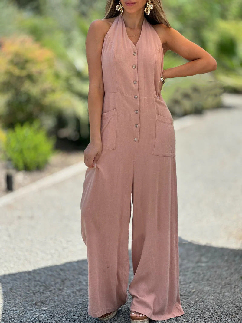 Damen Weit geschnittener Jumpsuit mit Knopfleiste und praktischen Taschen WW