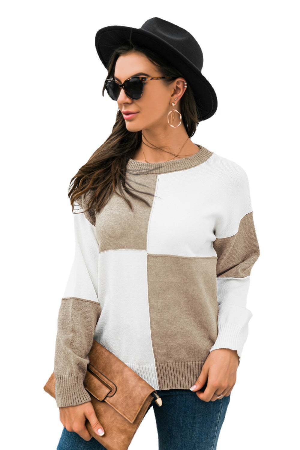 Damen Modischer Pullover im Blockdesign mit langen Ärmeln WW