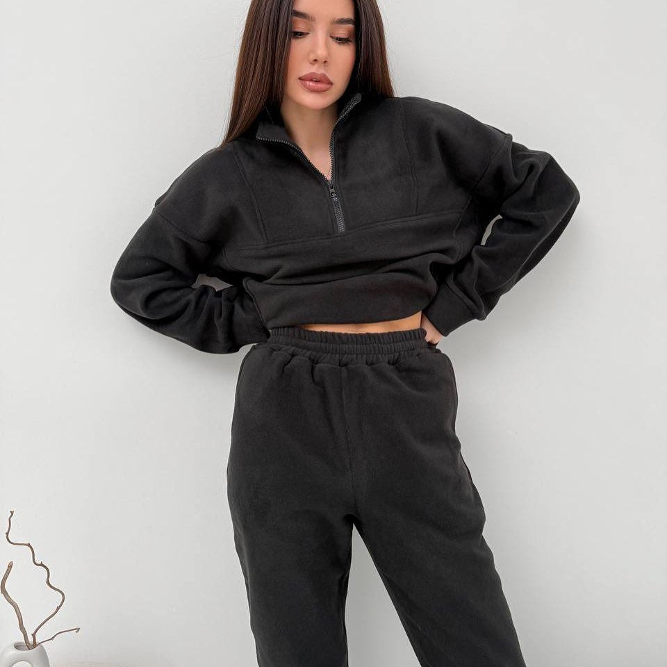 Damen gemütliches Fleece-Hoodie-Set mit hohem Kragen und praktischen Taschen WW