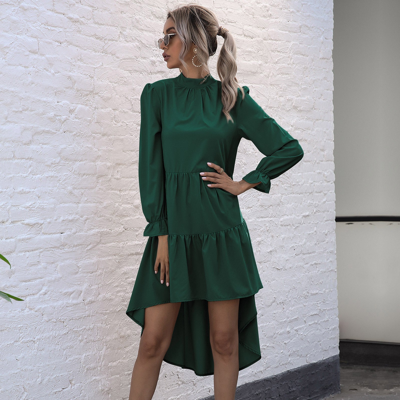 Damen elegantes, schwingendes Midi-Kleid mit Rüschen und langen Ärmeln WW