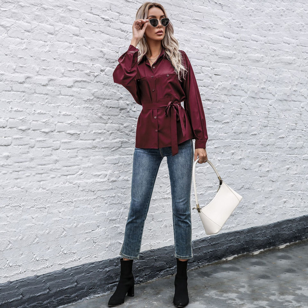 Damen Elegantes Hemdblusenshirt mit Taillengürtel und hochwertigem Satin Material WW