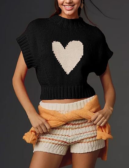 Damen lässiger Kurzarm Pullover mit Herzmotiv WW